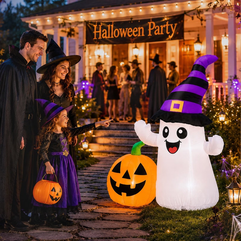 5.5FT Halloween Inflatable Ghost w/ Pumpkin & Witch Hat LED Yard Decoration NEW - Picture 6 of 9